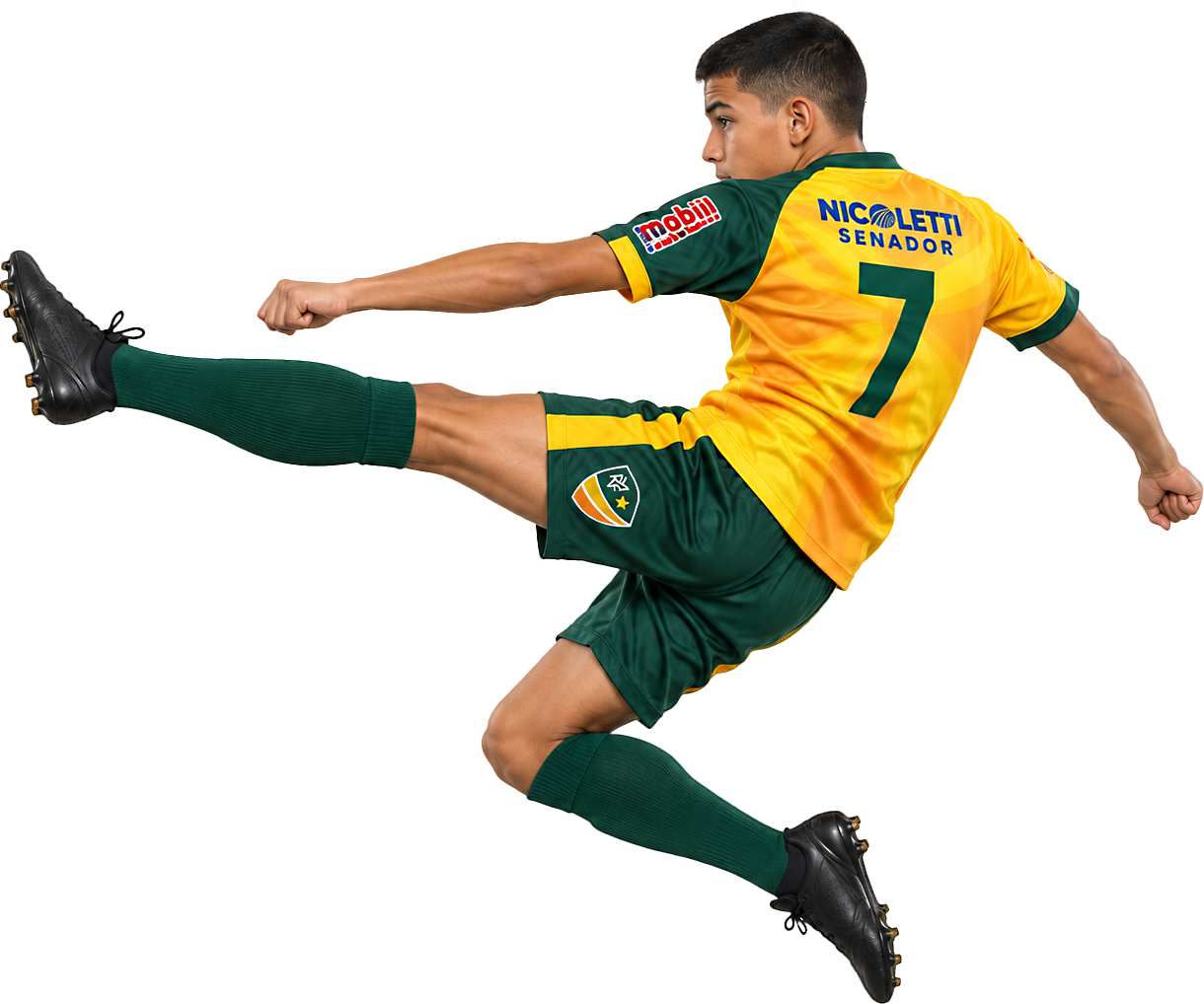 Atleta do projeto chutando a bola no ar, com o uniforme amarelo e verde